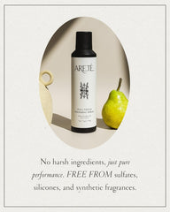 ARETÉ Full Focus Finishing Spray with Peruvian Ginseng nourishes the scalp.