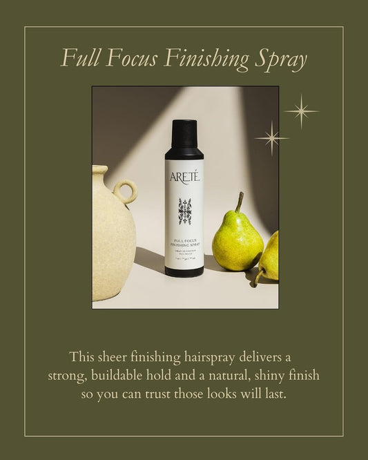 ARETÉ Full Focus Finishing Spray provides a natural shine for a polished look.
