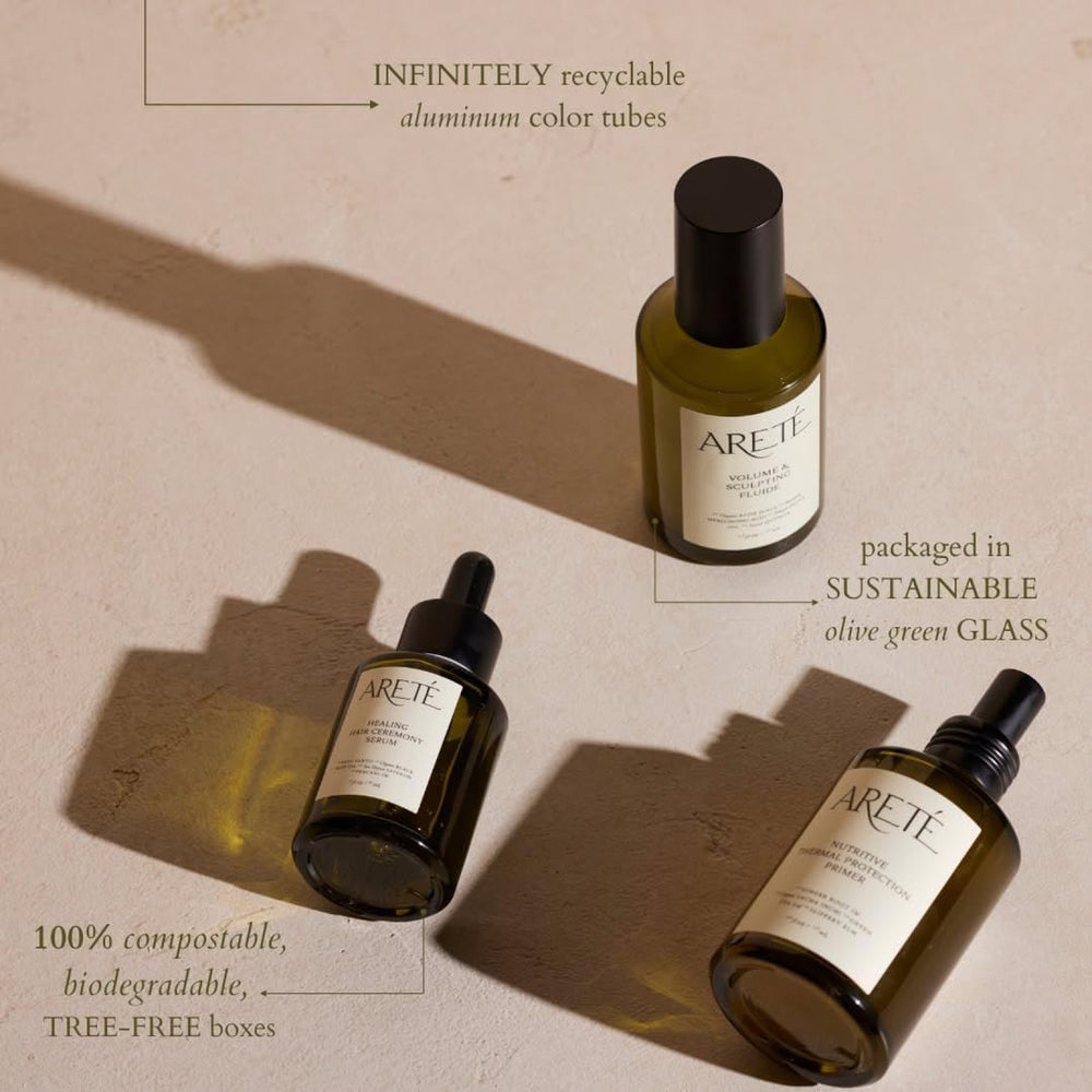 ARETÉ Styling Hair Polish application on hair: lightweight shine and hydration.