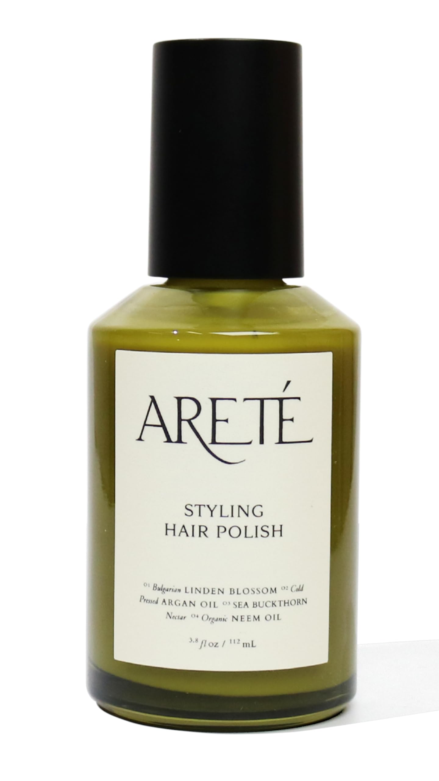 ARETÉ Styling Hair Polish bottle pour: smoothing finish and frizz control.