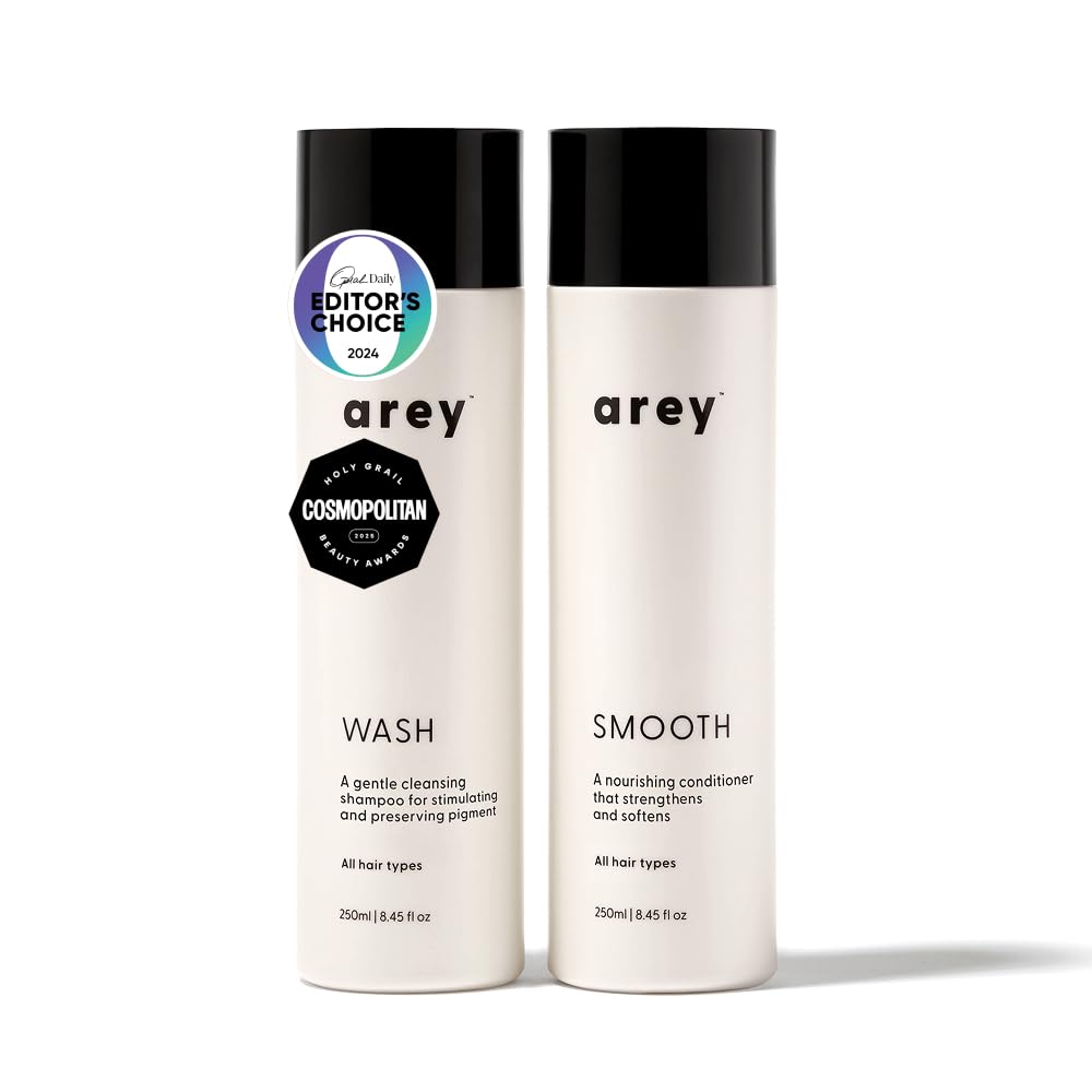 Arey Shower Duo shampoo bottle promotes pigment preservation and smoother hair