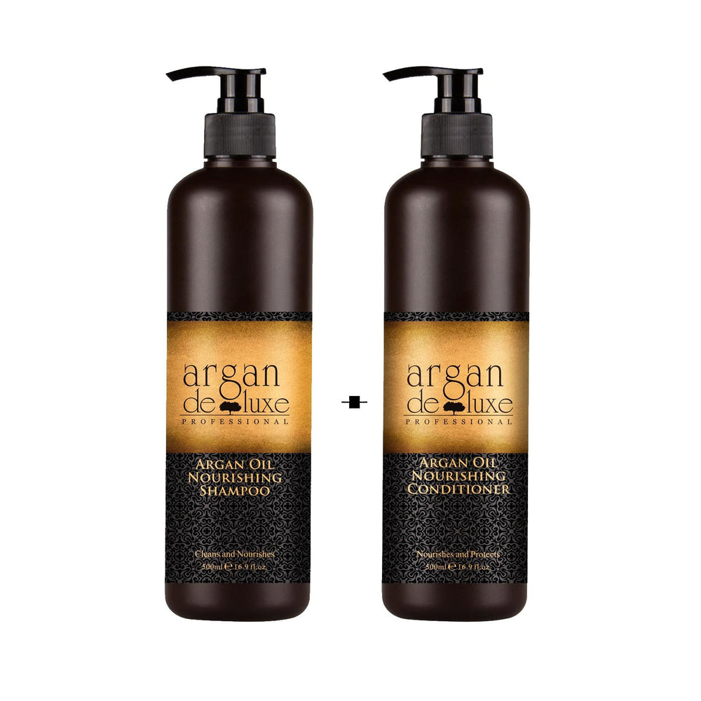 Argan Deluxe nourishing shampoo and conditioner bottle for smoother, shinier hair.