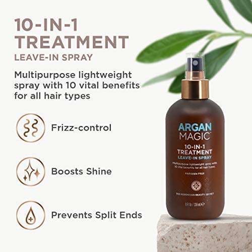 Argan Magic 10-in-1 spray delivers moisture, frizz control, and silkiness.