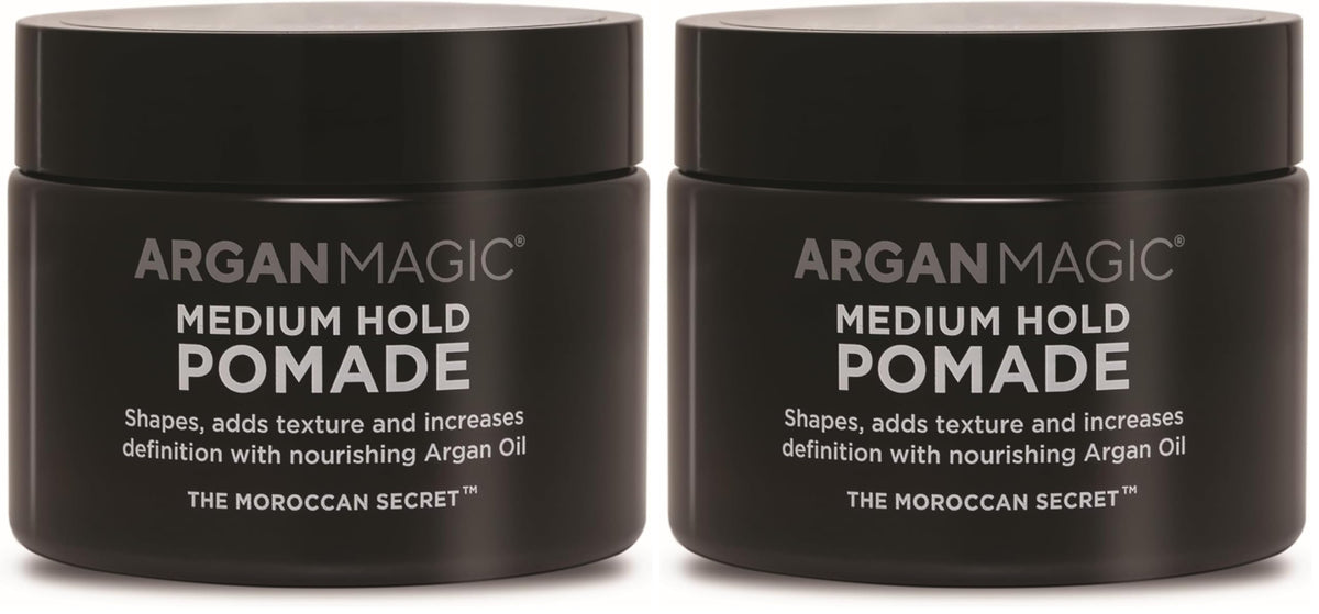 Argan Magic pomade bottle with argan oil for conditioning and shine.