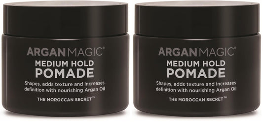 Argan Magic pomade bottle with argan oil for conditioning and shine.