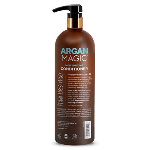 Argan Magic Moisturizing Conditioner ingredients closeup highlighting argan oil and vitamin E.