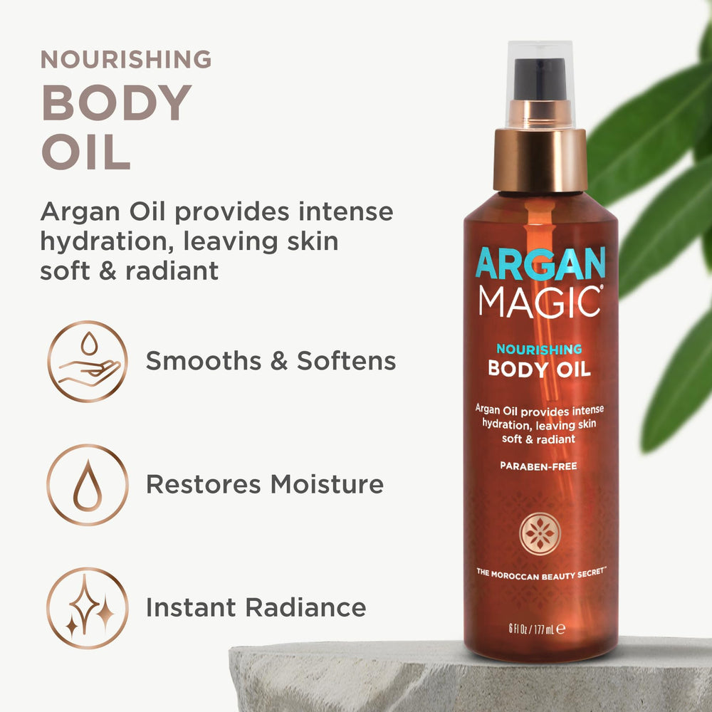 Argan Magic Nourishing Body Oil with argan-oil blend promotes hydration and a healthy glow