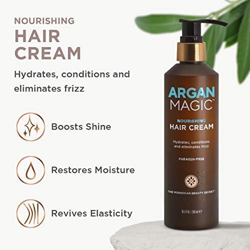 Argan Magic Nourishing Hair Cream application on damp hair for smooth definition.