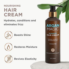 Argan Magic Nourishing Hair Cream application on damp hair for smooth definition.