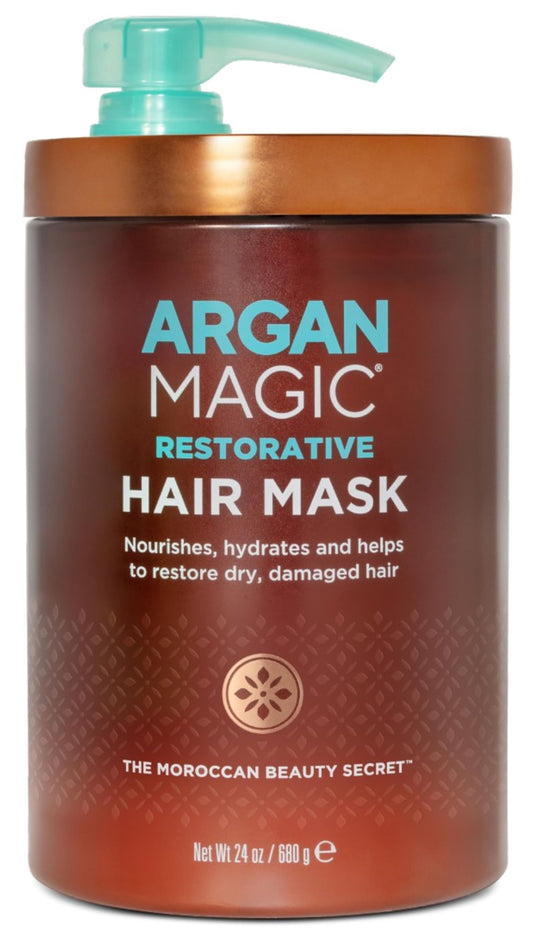 Argan Magic Restorative Hair Mask bottle for hydration and shine.