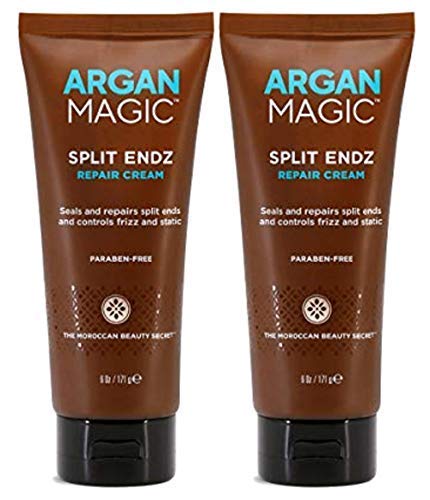 Argan Magic Split Endz Repair Cream bottle highlighting sleek design and frizz-friendly formula.