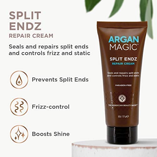 Applying Argan Magic Split Endz to damaged ends for smoother, more controlled styling.