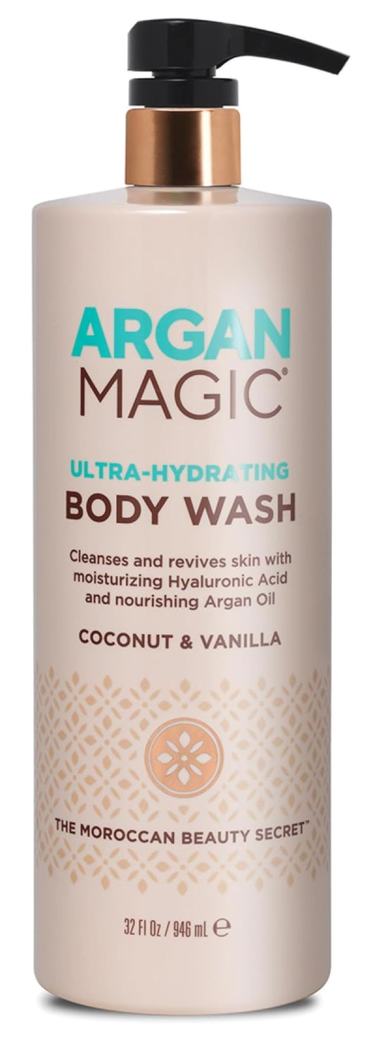 Argan Magic Ultra-Hydrating Body Wash front label showing USA-made cruelty-free formula for refreshed skin