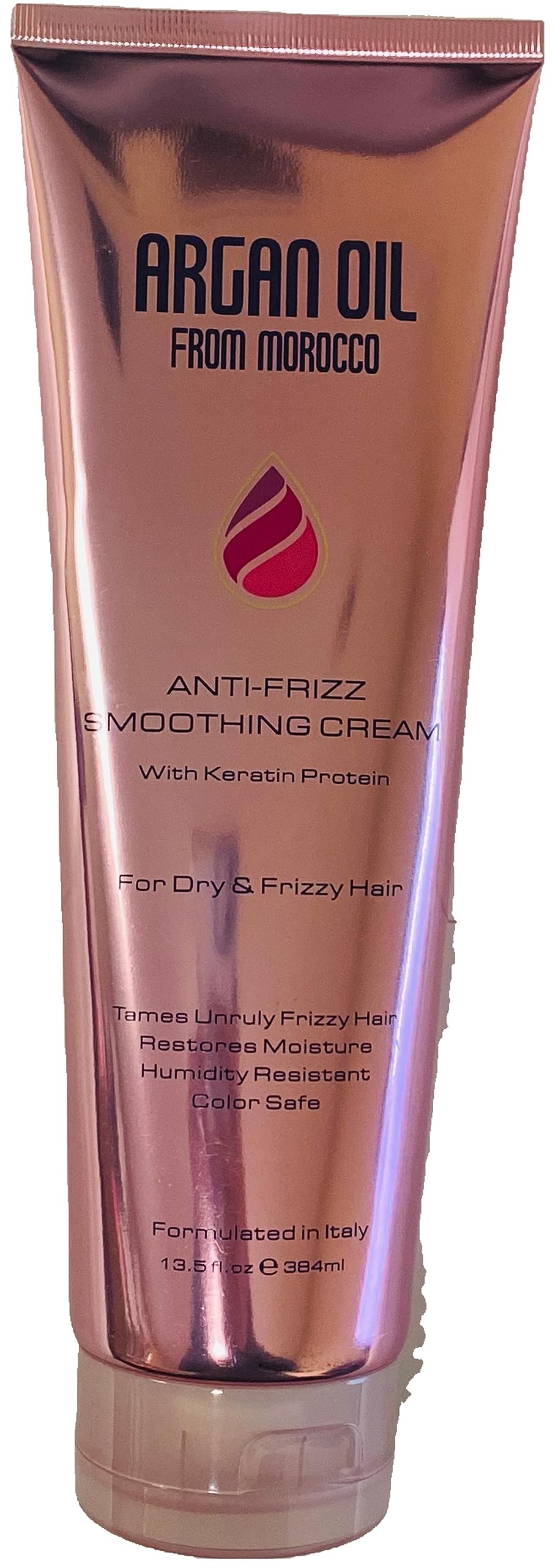 Argan Oil from Morocco anti-frizz smoothing cream bottle helps tame frizz and protect color