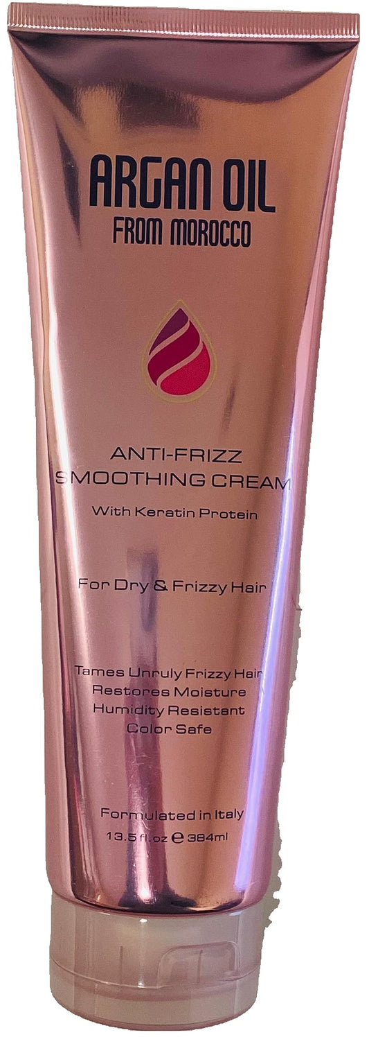 Argan Oil from Morocco anti-frizz smoothing cream bottle helps tame frizz and protect color