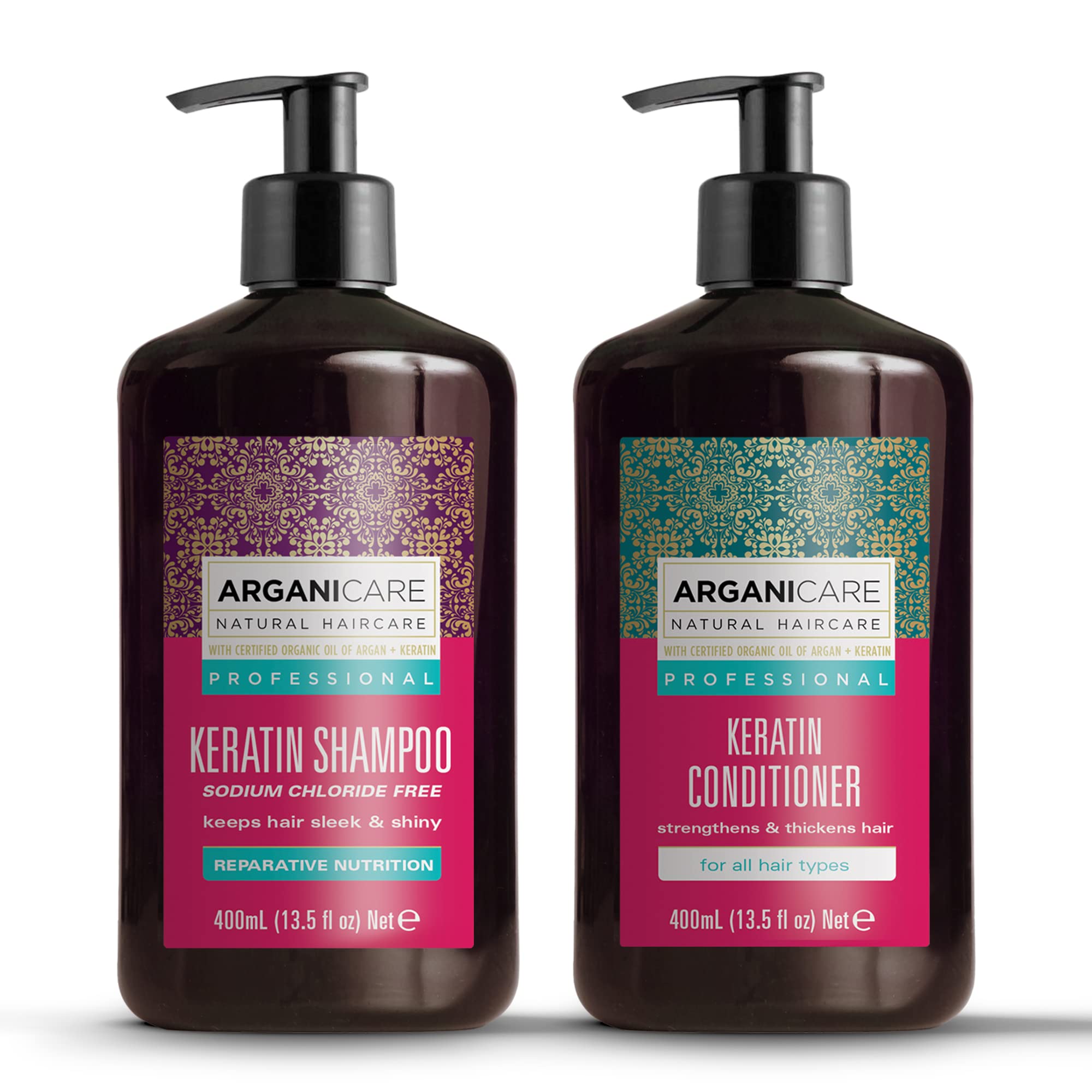 Arganicare Keratin Shampoo bottle display promotes stronger, shinier hair.