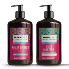 Arganicare Keratin Shampoo bottle display promotes stronger, shinier hair.