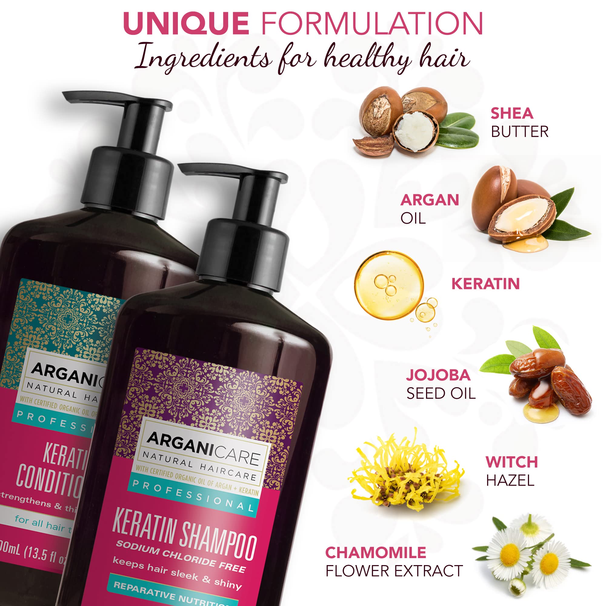 Arganicare Keratin packaging highlights vegan, cruelty-free ethics.