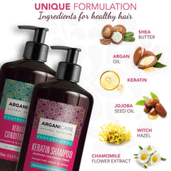 Arganicare Keratin packaging highlights vegan, cruelty-free ethics.
