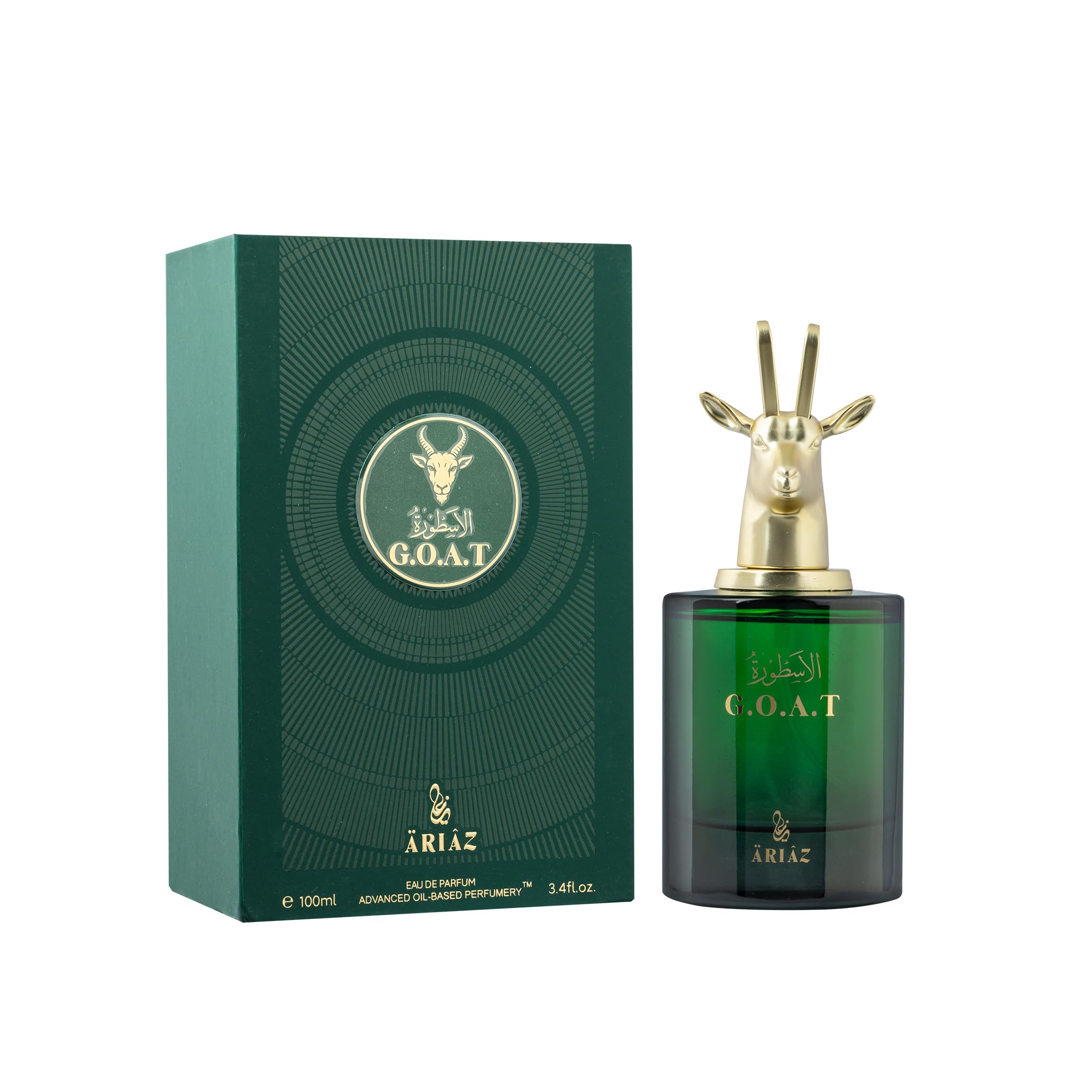 ARIAZ G.O.A.T Men edp bottle front view highlighting amber vanilla warmth for fall