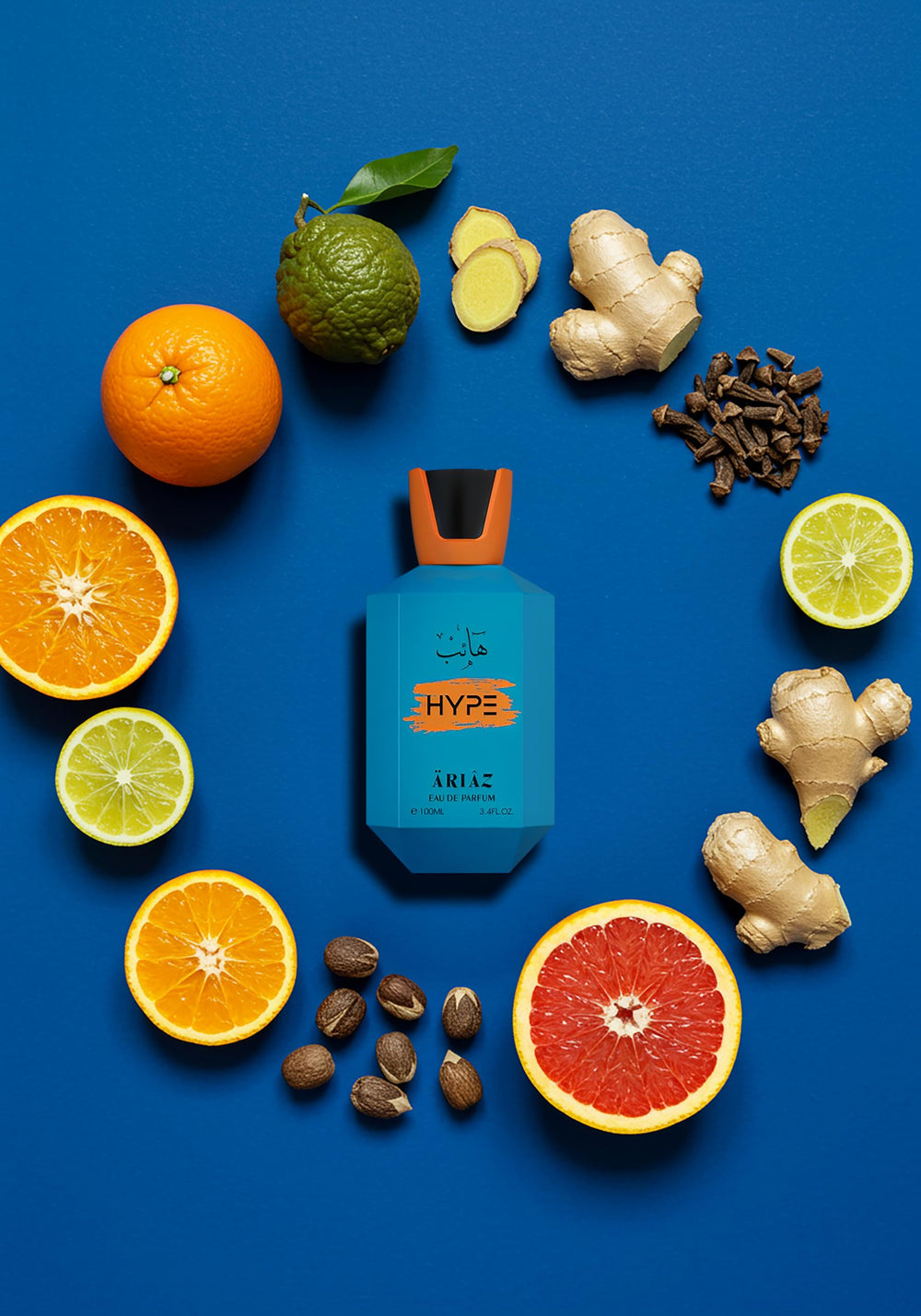 ARIAZ Hype bottle front, crisp citrus cues for day use