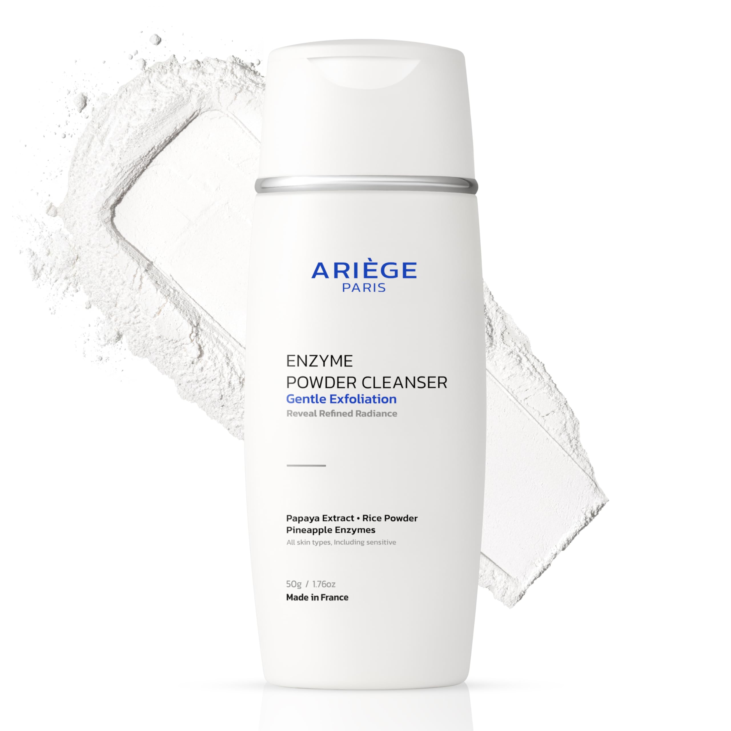 ARIÈGE PARIS Enzyme Powder Cleanser shows powder-to-foam transformation for a gentle cleanse.