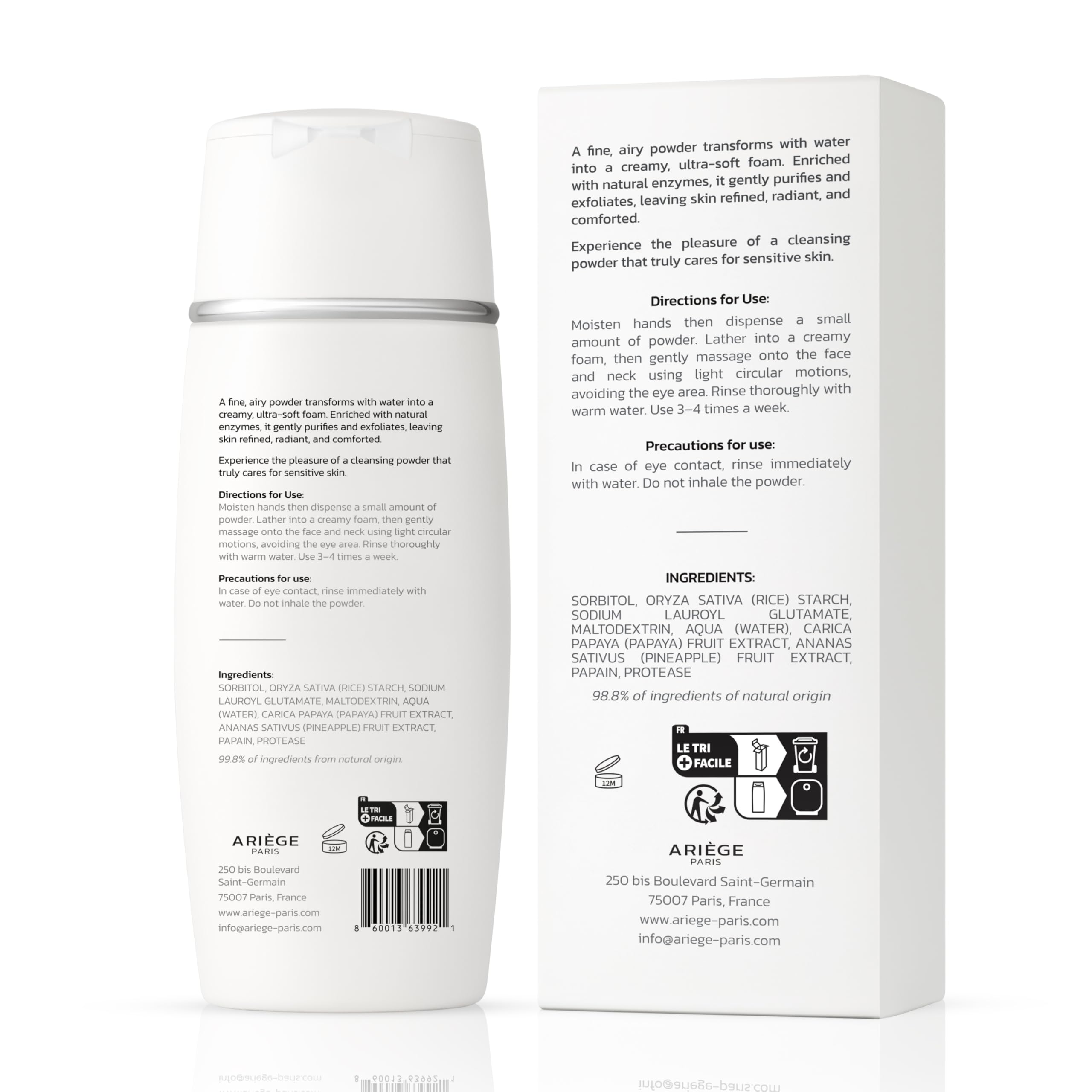 ARIÈGE PARIS Enzyme Powder Cleanser highlighting rice powder for refined texture polishing.