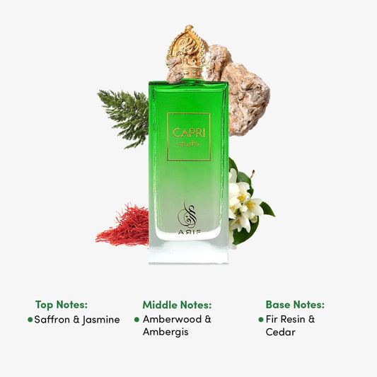 ARIF Capri perfume bottle side angle highlighting a sleek profile and premium craftsmanship.