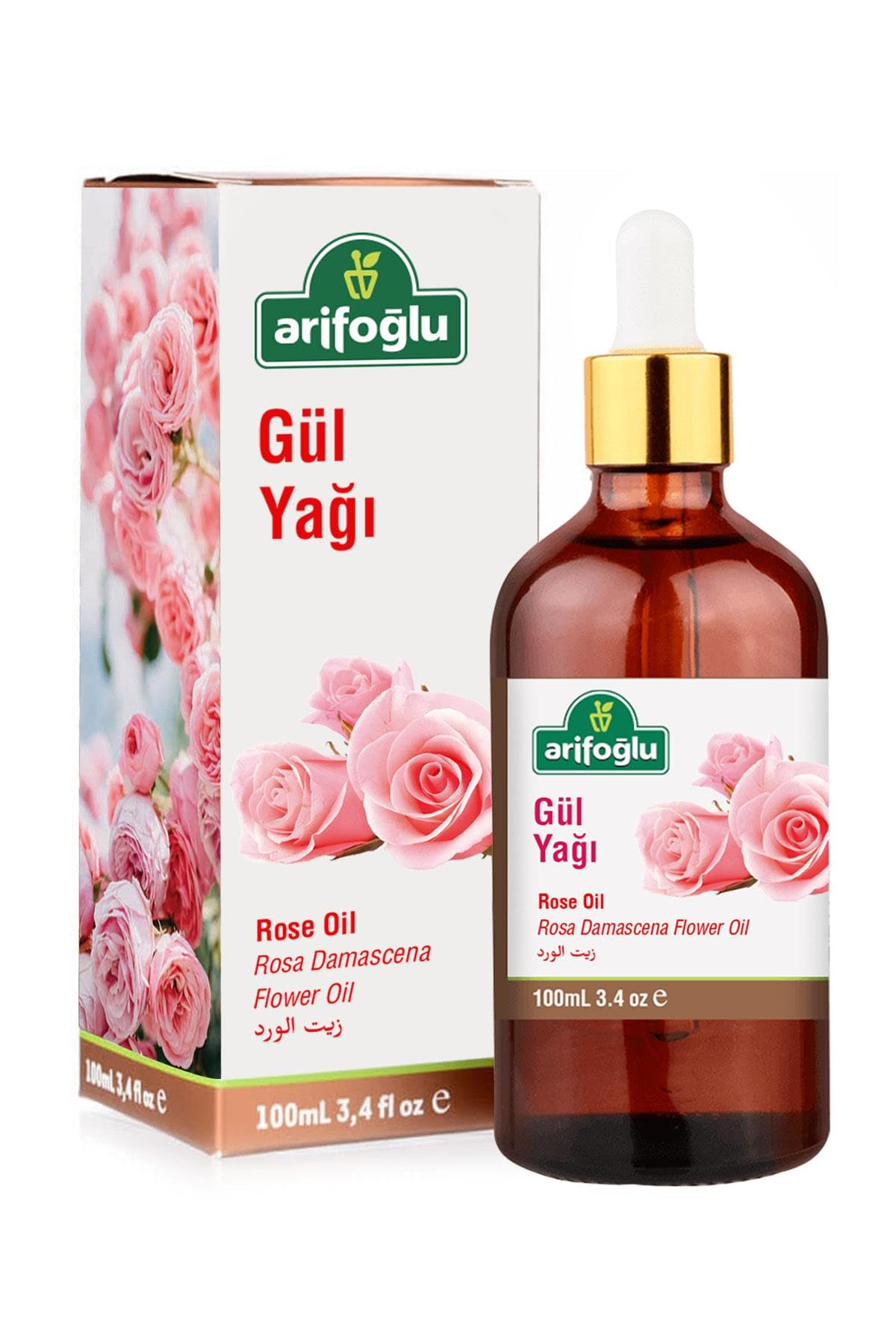 Arifoğlu Rose Oil packaging-front displays 100 ml virgin cold-pressed oil for diffuse aroma