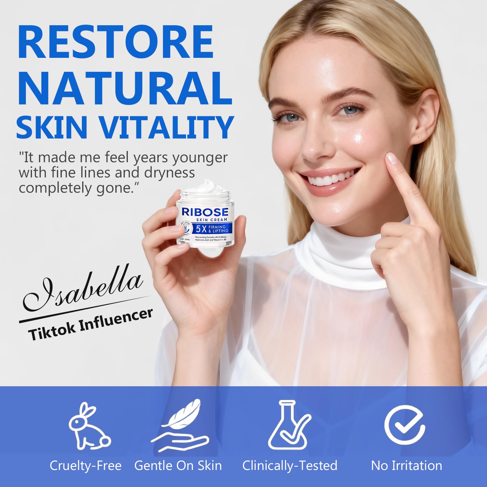 Visible radiance improvement with ARIOS D-Ribose Cream nourishing the skin.