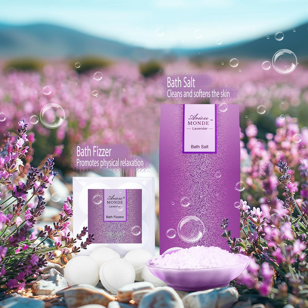 ArioseMonde lavender bath salts in the set to enhance a soothing routine.