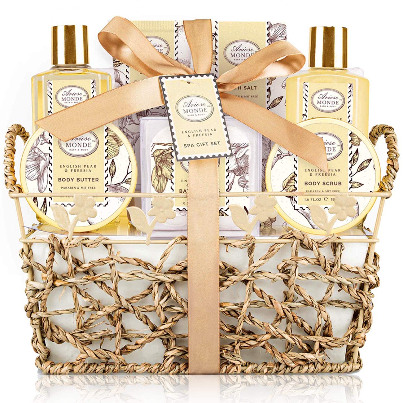 ArioseMonde gift basket on display with English Pear and Freesia for gifting