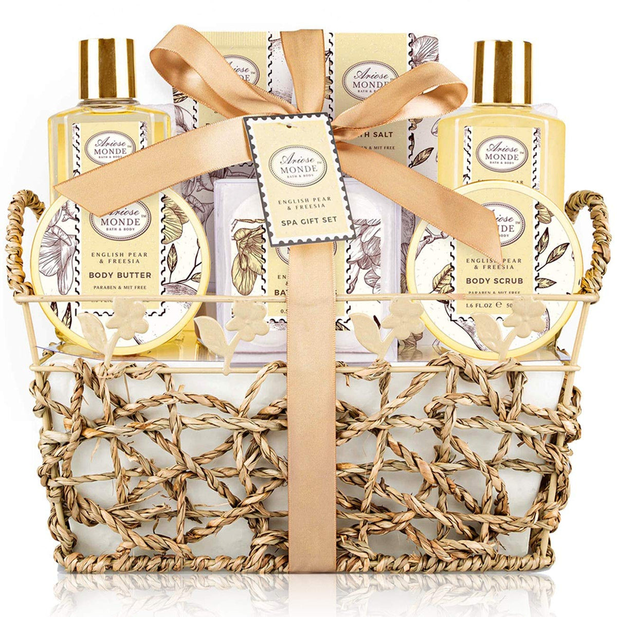 ArioseMonde gift basket on display with English Pear and Freesia for gifting