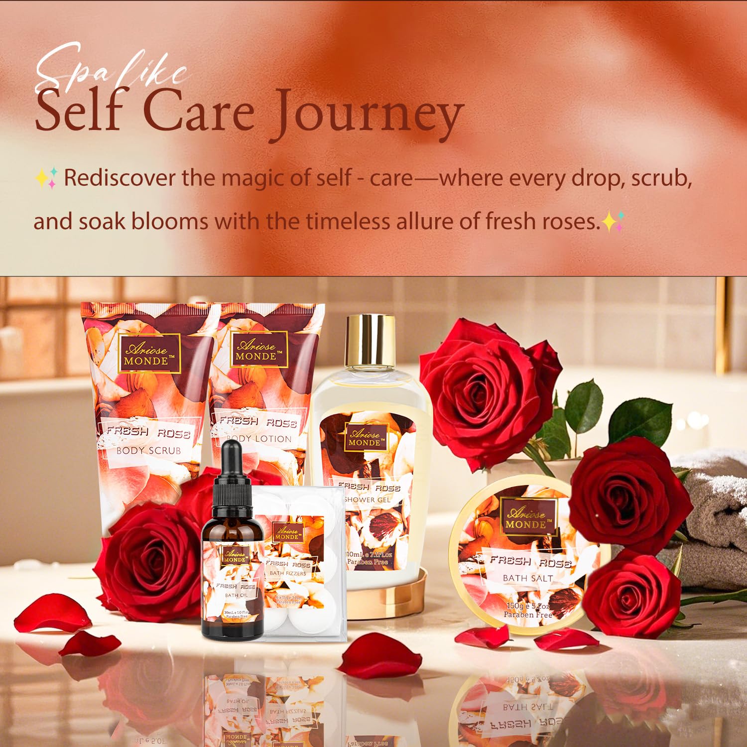 ArioseMonde Fresh Rose Spa Gift Set bath oil for nourishing soak.