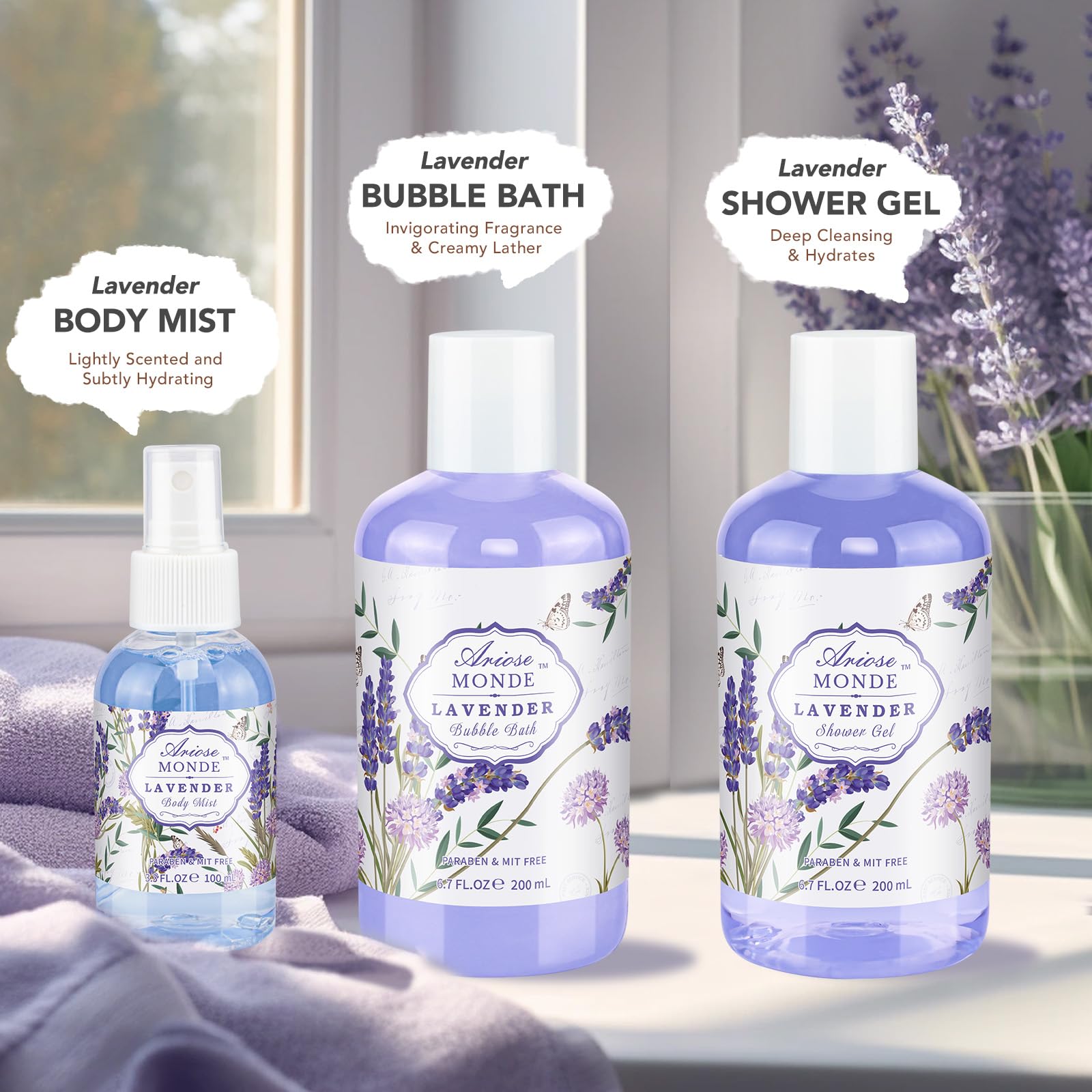 ArioseMonde lavender gift set with bubble bath for relaxing evening soak.