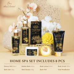 ArioseMonde orchid bath bomb with gold accents inspires a soothing spa-like soak