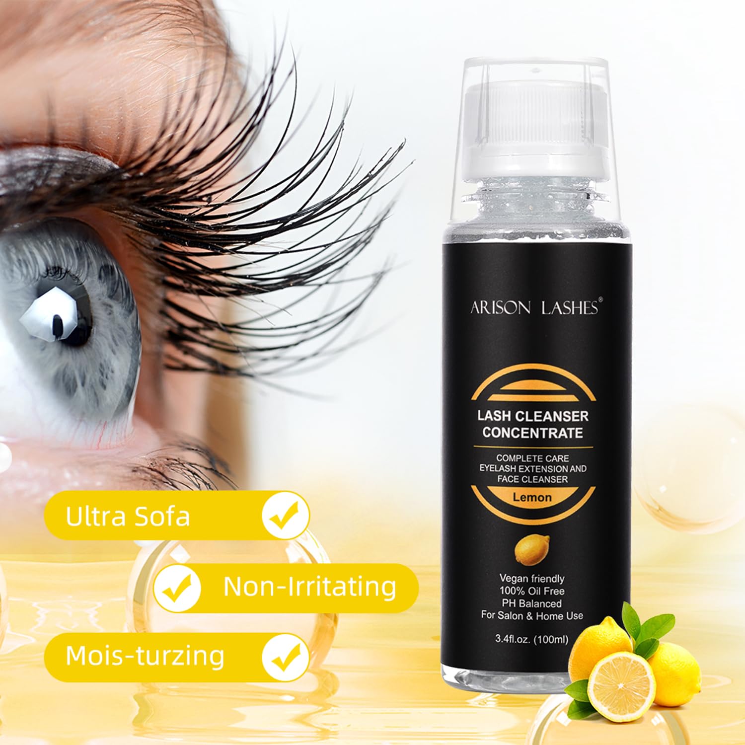 Designed for sensitive eyes; ARISON LASHES cleanser protects delicate lashes.