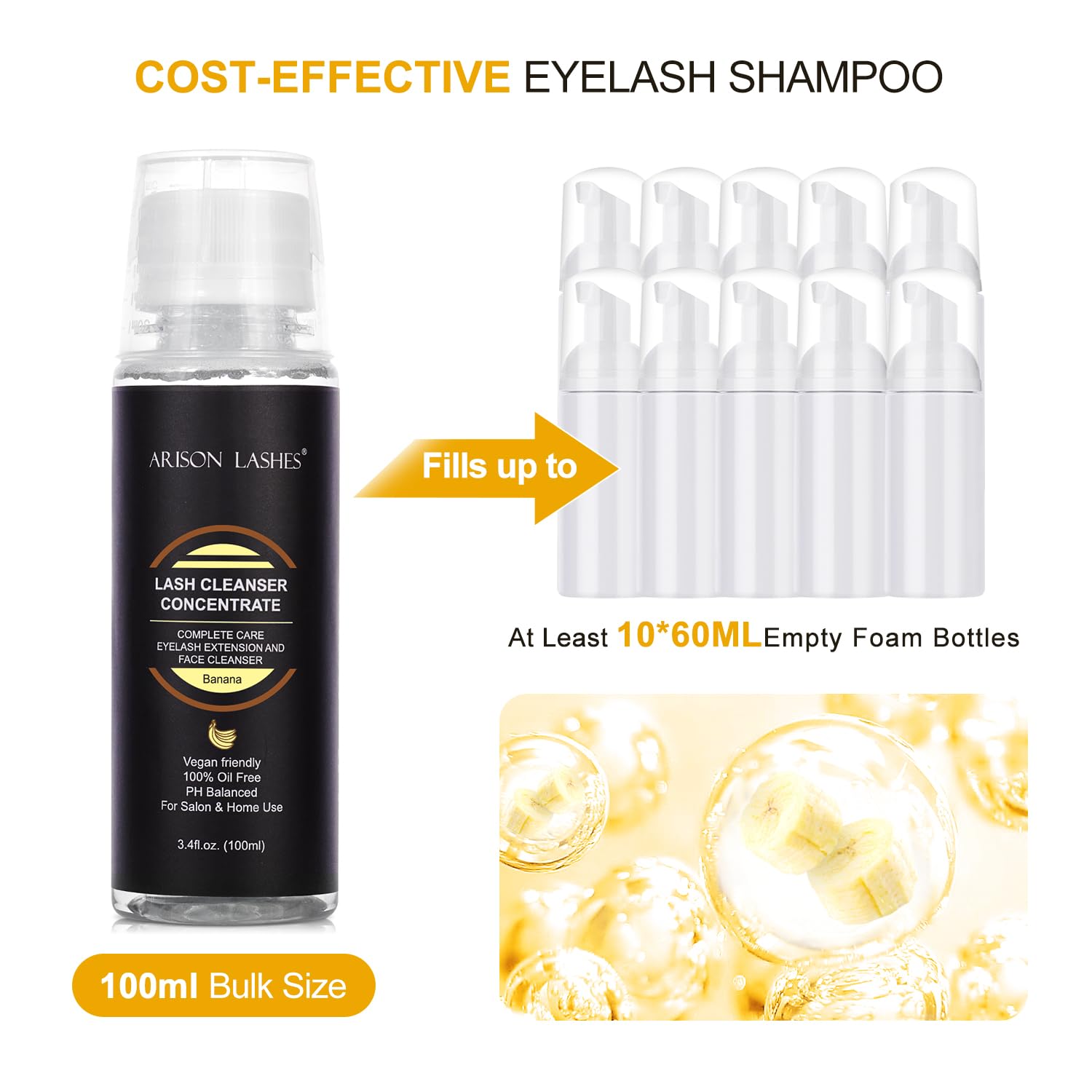 ARISON LASHES clean lash close-up shows safe formula for extensions and natural lashes.