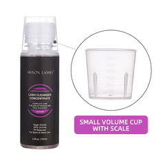 Dilution step with water and concentrate for DIY lash shampoo.