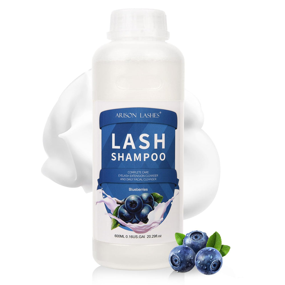 ARISON LASHES eyelash-extension shampoo bottle with blueberry scent for gentle cleansing.