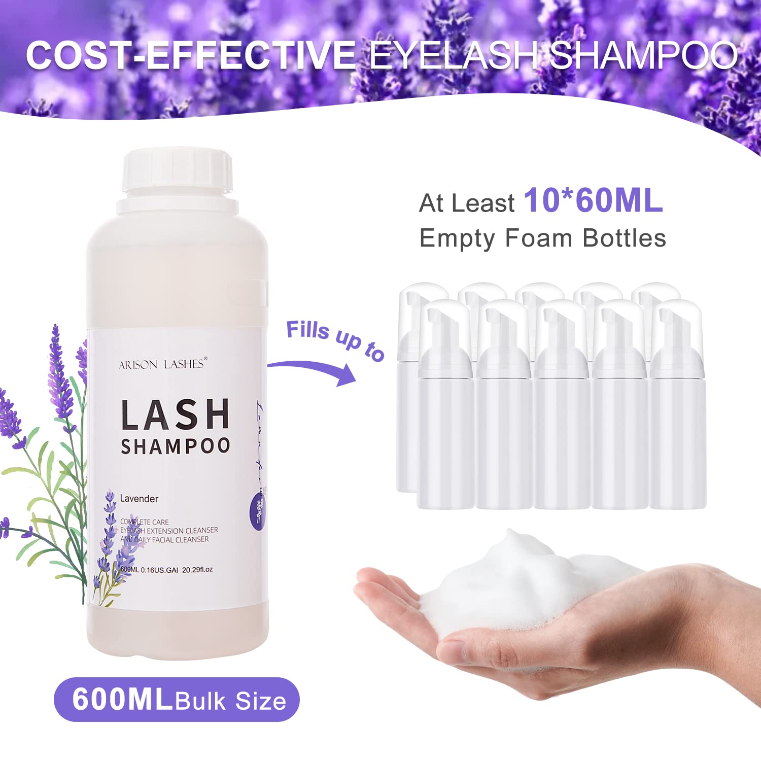 Lavender scented foaming cleanser from ARISON LASHES showing smooth, controlled foam.
