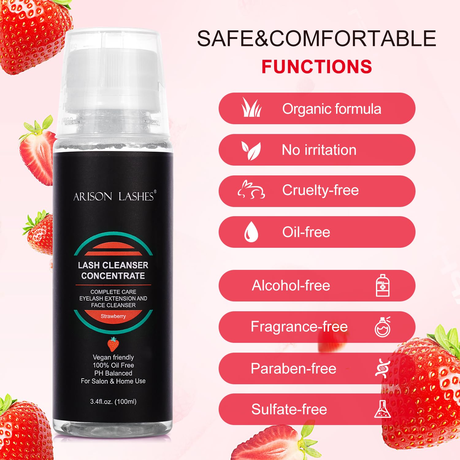 ARISON LASHES lash shampoo bottle close-up highlighting foaming lather performance.