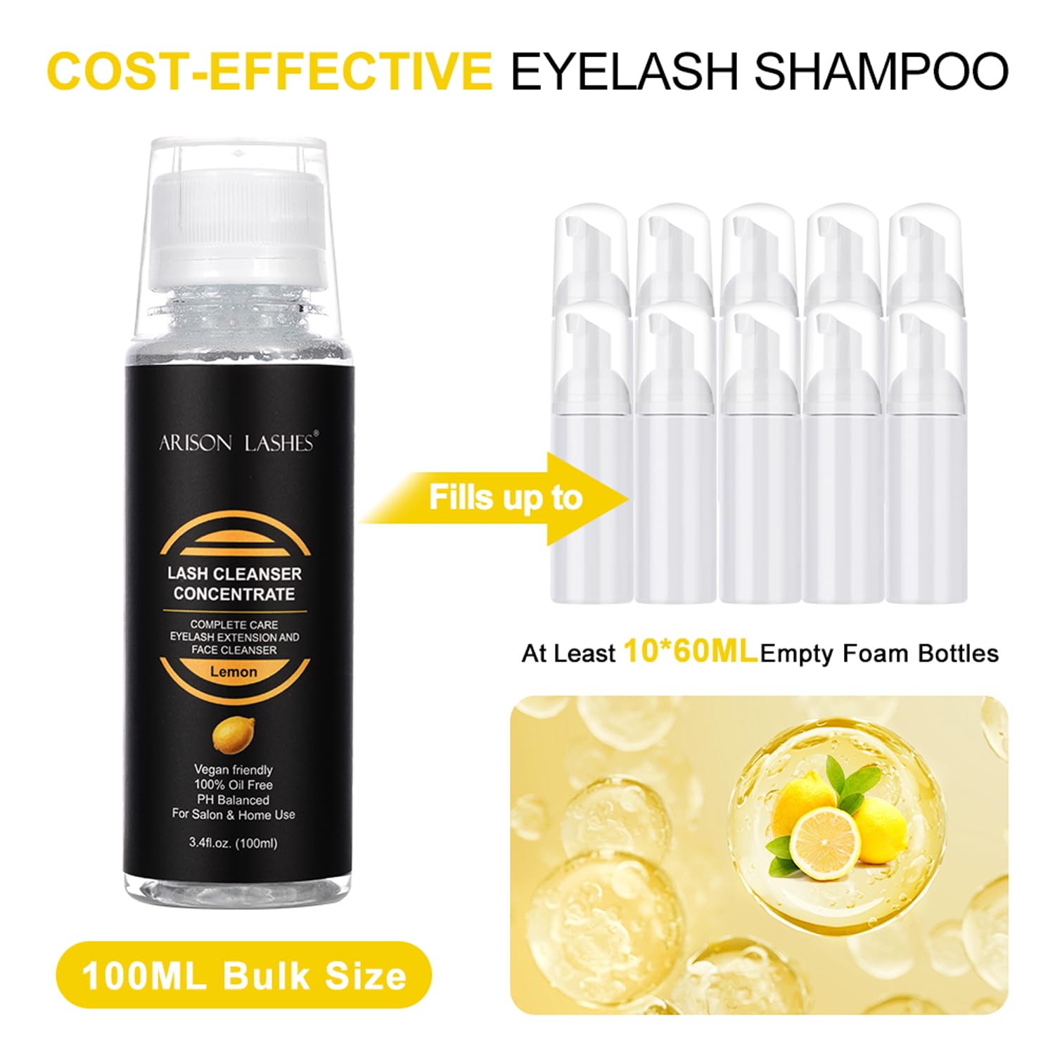 Lemon-scented lash shampoo adds refreshing aroma during cleansing.