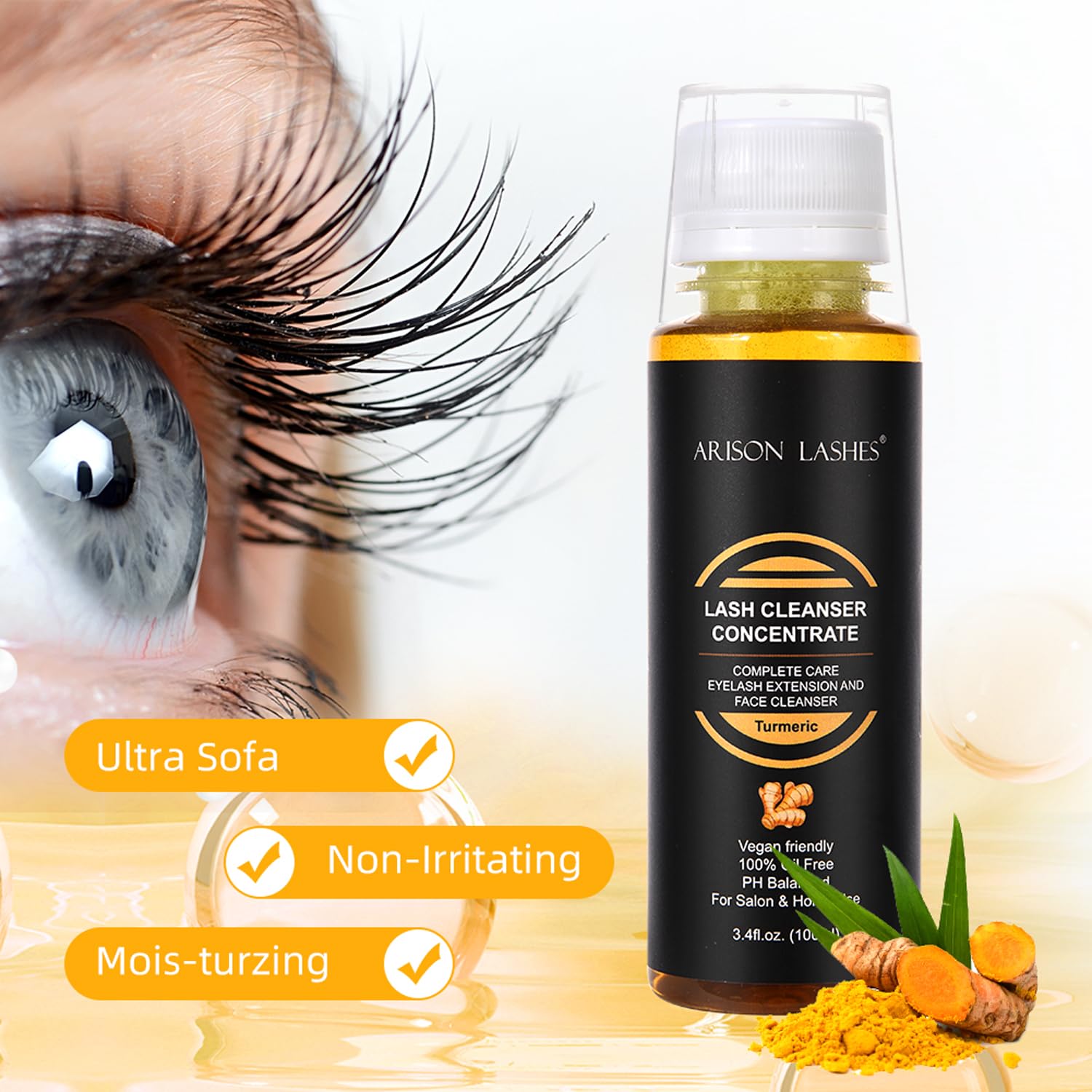 ARISON LASHES turmeric shampoo packaging designed to protect lash extensions during cleansing