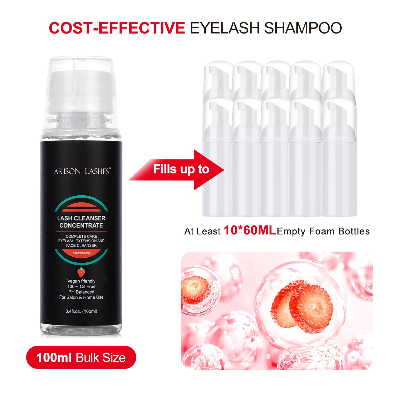 ARISON LASHES strawberry label on bottle for a pleasant, refreshing scent during care.