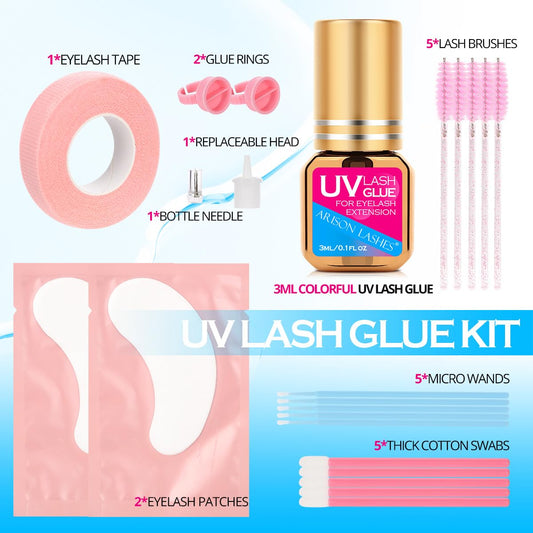 ARISON LASHES UV glue bottle under UV light demonstrating quick cure capability.