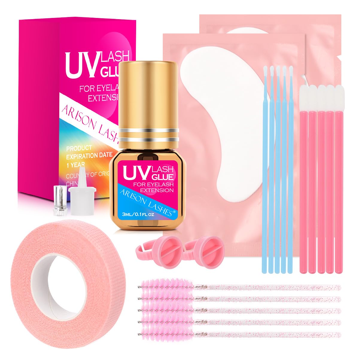ARISON LASHES UV lash glue kit packaging for professional use in salons.