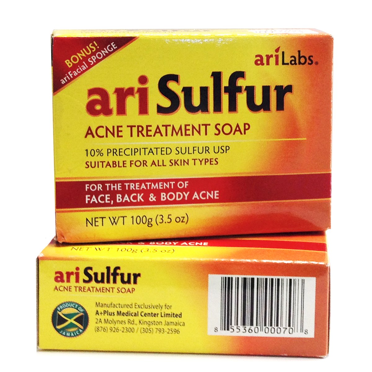 Ari Sulfur acne treatment soap bar resting on a sink