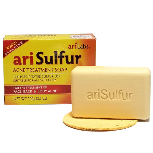 Ari Sulfur acne treatment soap label closeup highlighting active sulfur