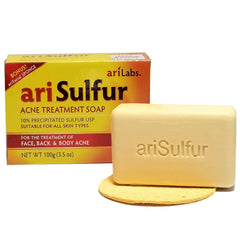 Ari Sulfur acne treatment soap label closeup highlighting active sulfur
